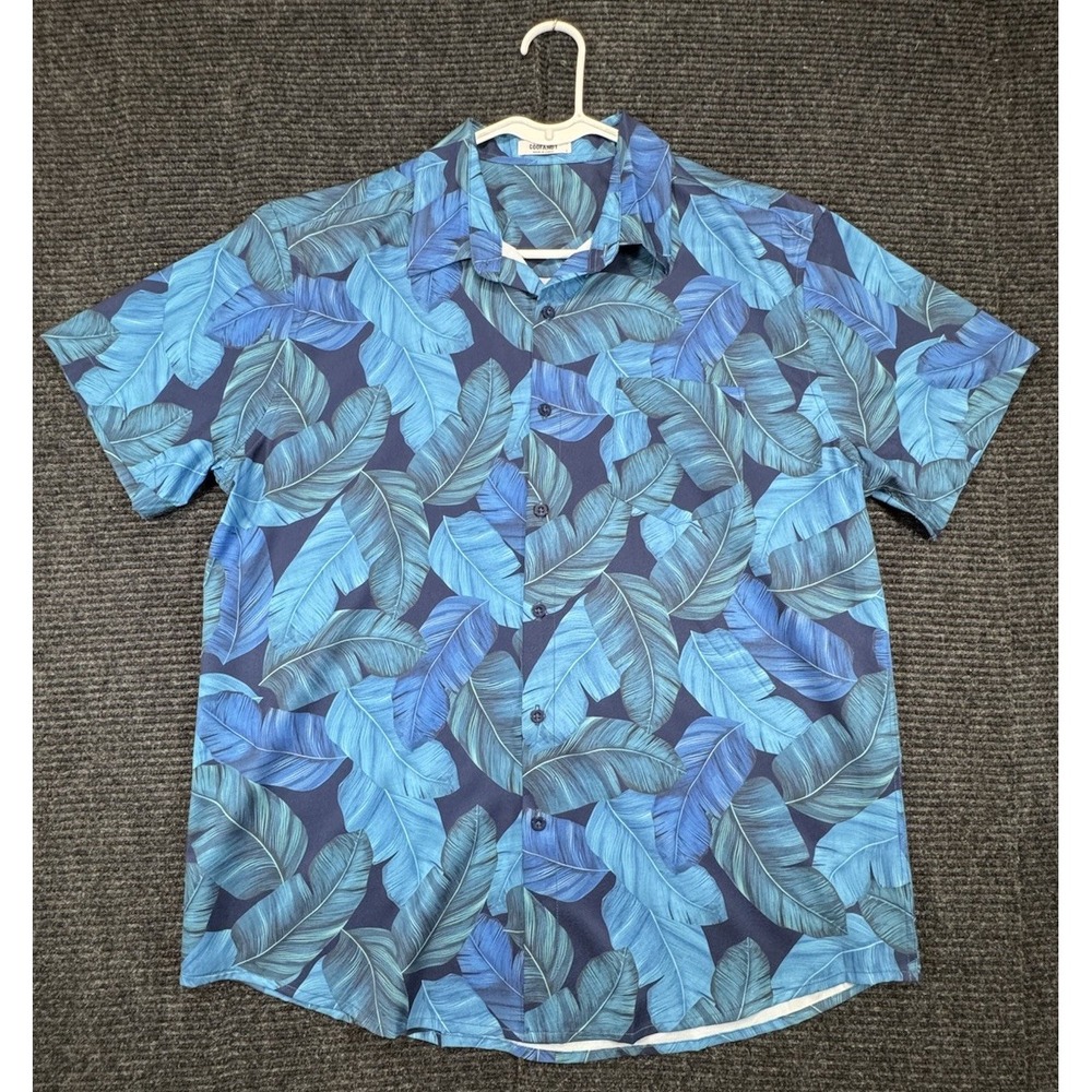 COOFANDY Men's Blue Tropical Leaf Hawaiian Button Up Shirt Short Sleeve Large